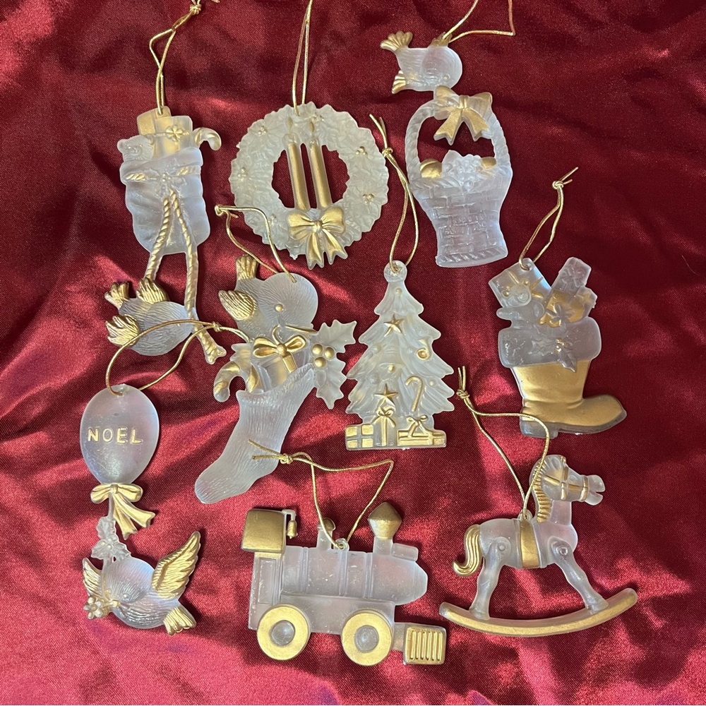 Vintage Christmas Ornaments Frosted Plastic Acrylic Gold Trim  Lot of 9